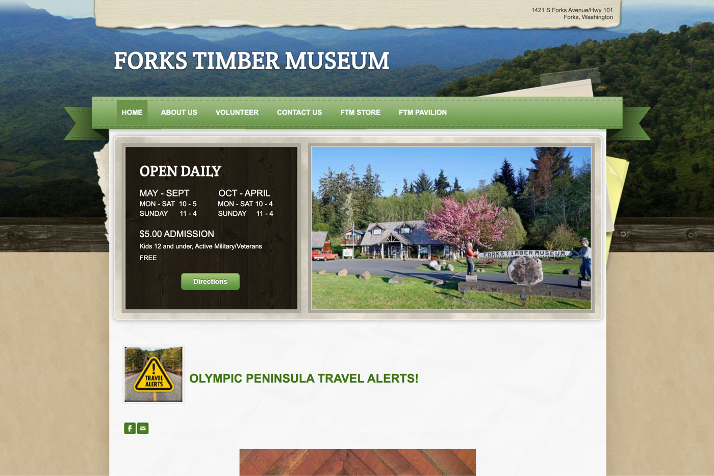 The homepage of the Forks Timber Museum website.