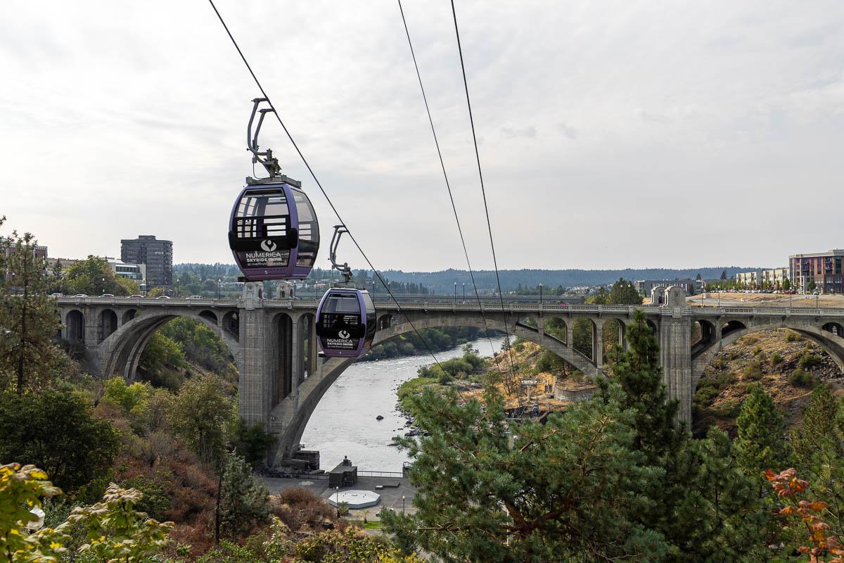 spokane waterfront gondolas with bridge in the back.